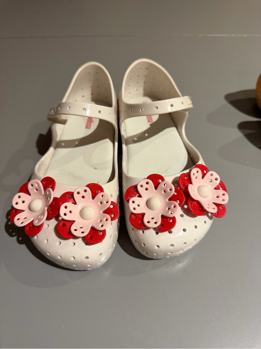 Mini Melissa White Mary Jane Sandals with Pink & Red Flower Accents